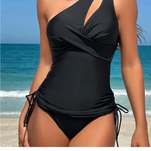 Black Halter Neck Ruched Tankini Swimsuit
